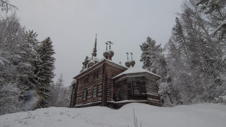 Деревянная церковь среди заснеженных северных деревьев